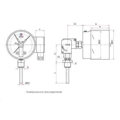 Фотография товара 2 Термометр биметаллический коррозионостойкий с электроконтактной приставкой БТ-54.220(-30-50С)G1/2.100.1,5.ЭКП5